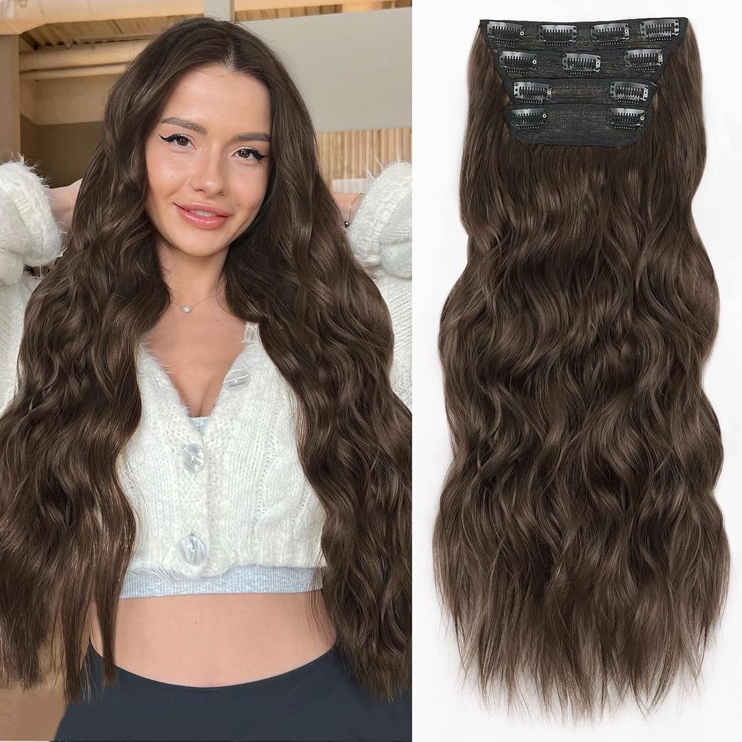 ALXNAN Clip in Hair Extensions for Women,Chocolate Brown with Dark Brown Long Wavy Hair Extensions Clip Ins 4PCS 24 Inch Synthetic Soft and Natural Thick Hair Pieces for Women