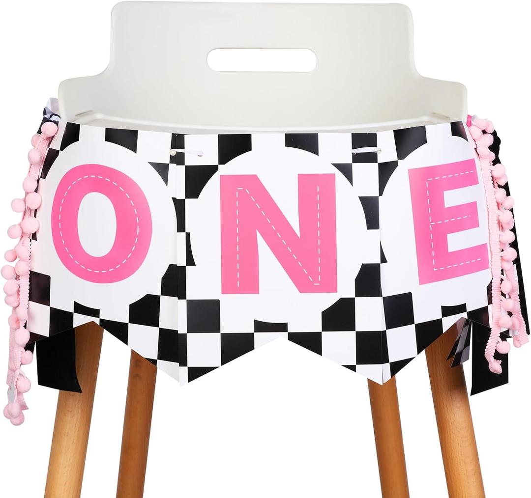 JOYMEMO Fast One Birthday High Chair Banner - Pink Black Race Car 1st Birthday Party Decorations, Girl, One Year Old Baby Photo Props Souvenir Gifts, Racing Car Party Supplies