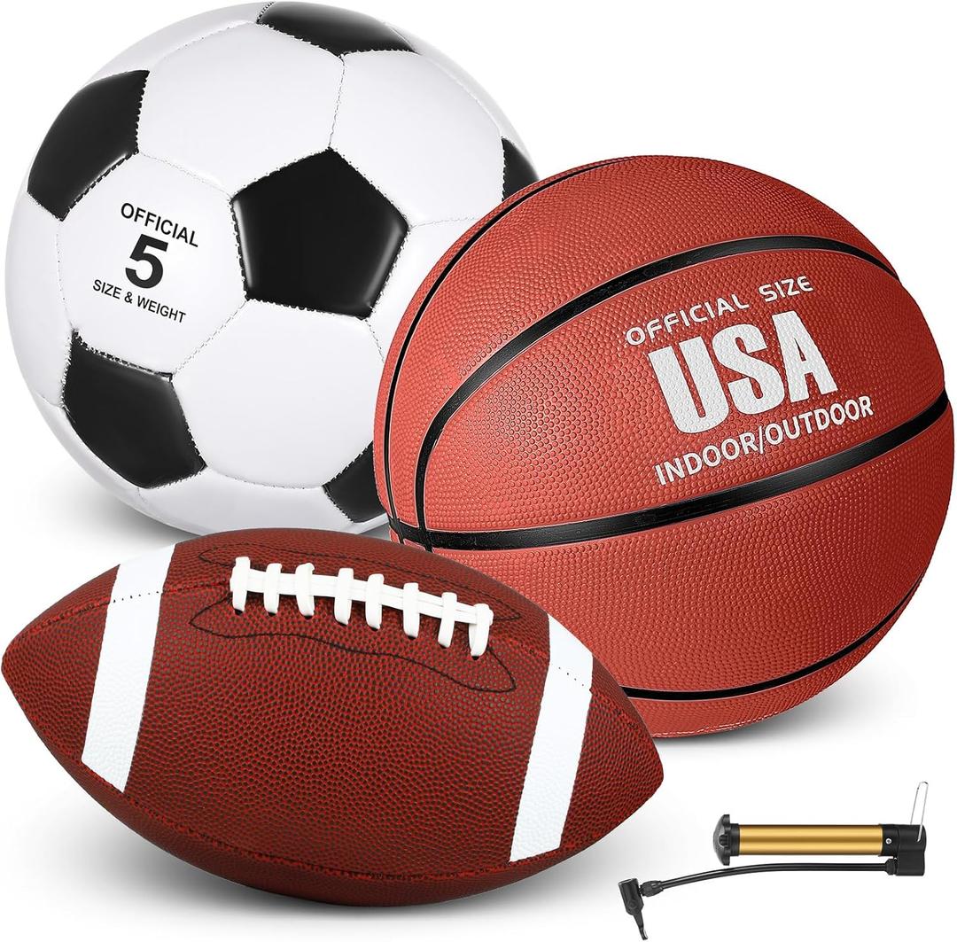 Sratte 3 Pcs Sports Balls Sport Set for Teens Adults Including Official Size Soccer Basketball Football with Pump and Carry Bag Sports Gift Back to School