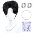morvally Short Natural Looking Synthetic Hair Mens Wig with Ear Clips, Necklace and Tattoos for Anime Costume, Cosplay, Halloween Party (Black, Adults Head)