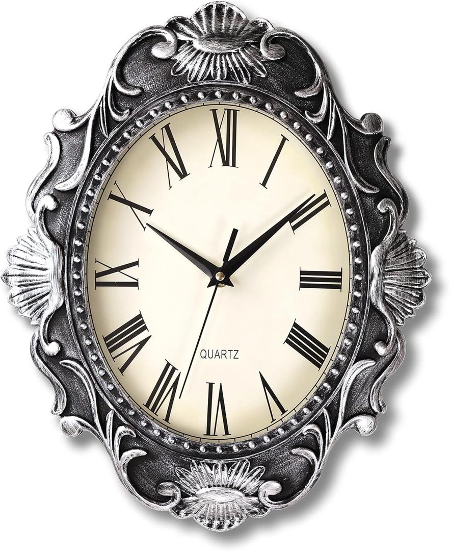 AYRELY 14 Inch Oval Rustic Wall Clock, Wall Clocks Battery Operated, Country Style Silent Non Ticking Clock, Decorative for Kitchen, Home, Living Room, Farmhouse, Bedrooms (Gunmetal Grey)