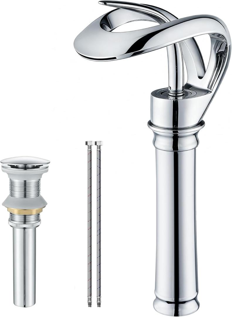 Elegant Bathroom Sink Faucet Single Hole,AUU Waterfall Chorme Vessel Sink Faucet Solid Brass,Single Handle Tall Bowl Sink Faucet with Pop Up Drian Supply Line (Chrome, Tall)