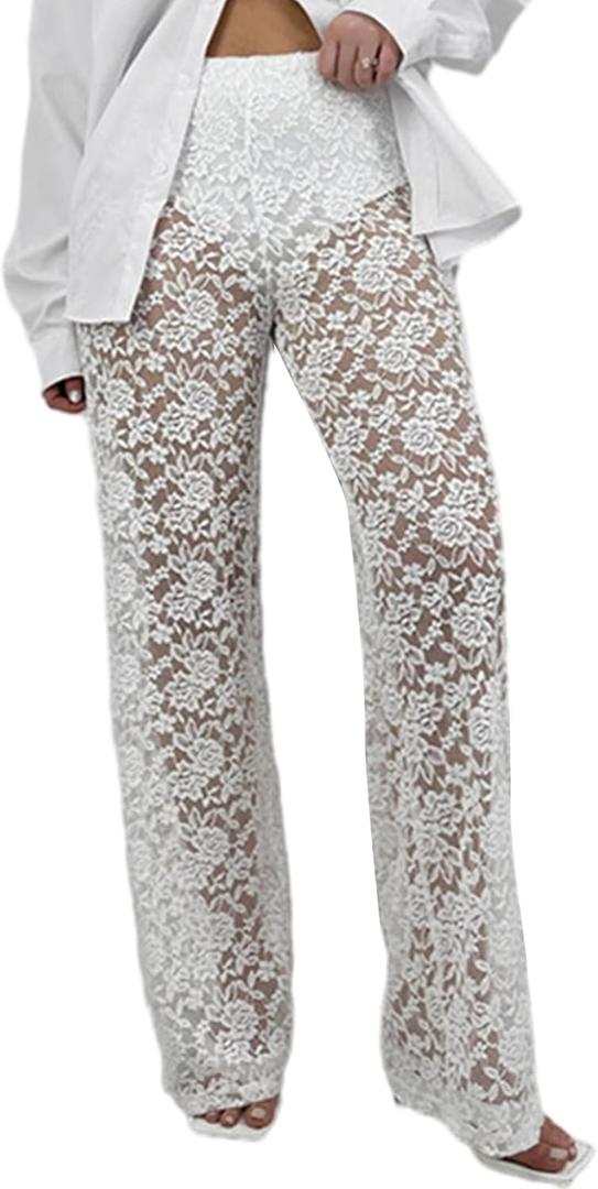 Women Floral Lace Sheer Mesh Pants Sexy Elastic Low Waist See Through Flare Bell Trouser Y2K Wide Leg Club Bottoms (Large, White)