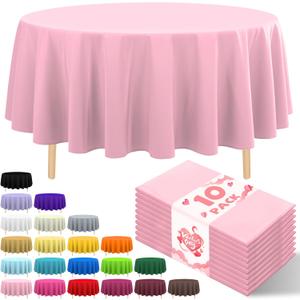 10 Pack Premium Disposable Plastic Tablecloth 84" Round Table Cover for Birthdays Weddings Christmas Anniversary Buffet Table (Pink)