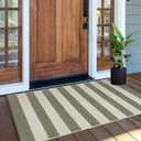 OJIA Green and White Striped Rug 24"x51" Washable Front Door Mat Hand Woven Entry Rug Cotton Indoor Outdoor Rug Small Checkered Rugs for Front Porch Kitchen Entryway Patio Bathroom (Green/Tan/Beige)
