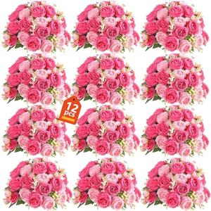 peonies artificial flowers 12 Bundles pink flowers bouquet, Lifelike Silk Fake Peonies with Stems for Home Table Centerpieces, Wedding, Party & DIY Bridal Floral Arrangements (Rose red + pink)