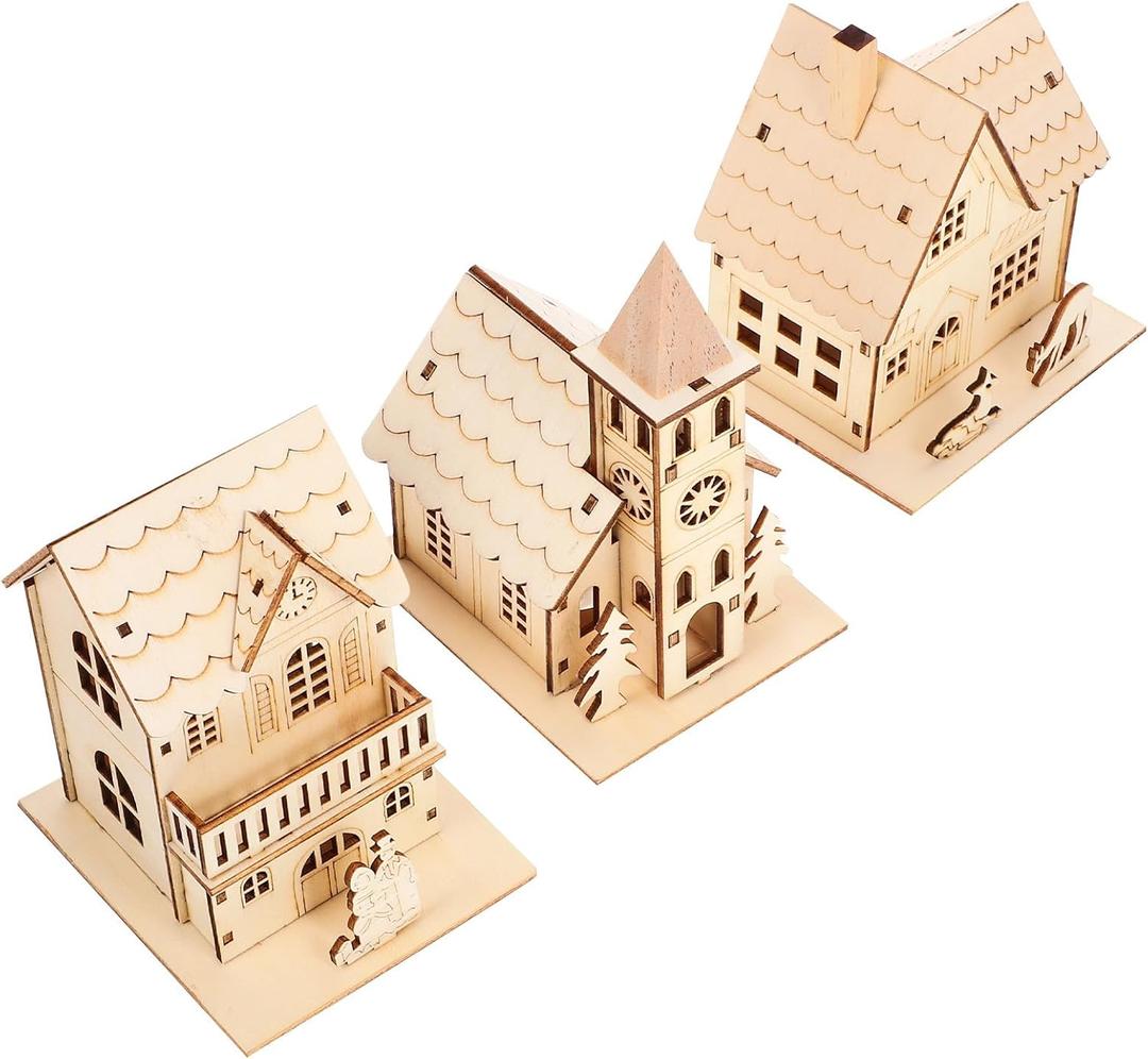 NUOBESTY Light Up Miniature Houses Wooden Christmas Village Decor Holiday Decorations for DIY Christmas Village and Home Dcor 3pcs Light Brown Synthetic Material 5. 11 Inch