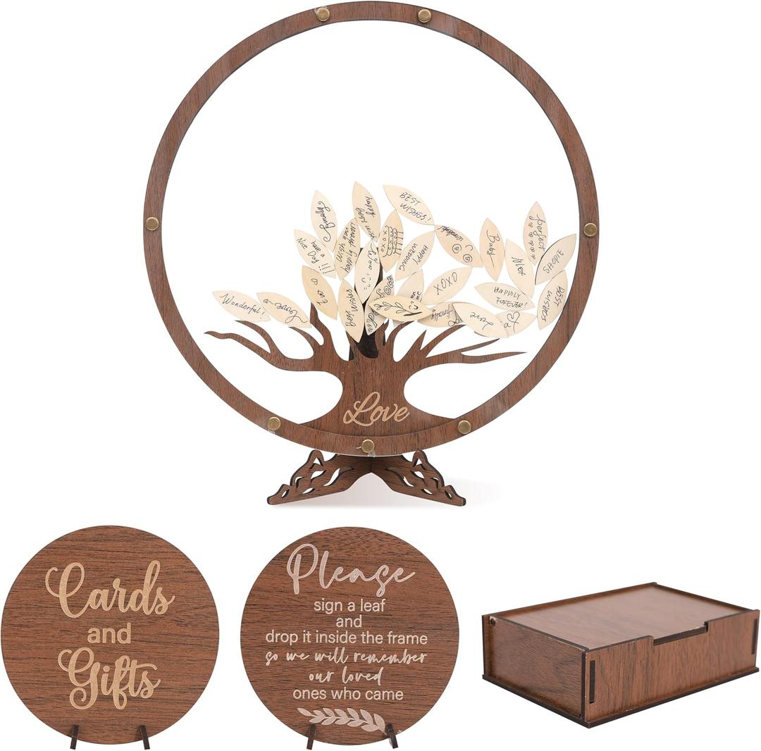 LINGANA Wedding Guest Book Alternative - Personalized Bridal Shower Party Decorations, Wooden Family Tree Guest Book, Standing Wedding Keepsake Artwork, Circle Family Tree Sign with 60 Leaves