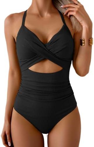 Eomenie Women's One Piece Swimsuits Tummy Control Cutout High Waisted Bathing Suit Wrap Tie Back 1 Piece Swimsuit, XL, Black