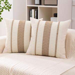 Hittun Boho Throw Pillow Covers Set of 2 Linen Farmhouse Pillow Covers 18x18,Rustic Decorative Throw Pillow Cover for Couch,Bed,Living Room (Natural, 20" x 20")