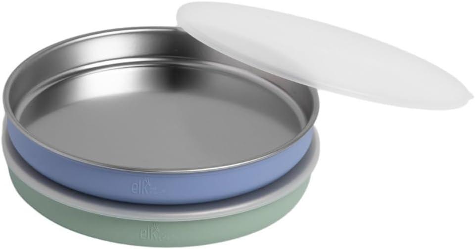 Elk and Friends 7.8 Stainless Steel Non Divided Plates with Silicone Sleeve + Storage Lid | Baby, Toddler, Kids | Dishwasher Safe | Dinner & Snack Plates | 2 Pack (SAGE/MISTY BLUE)