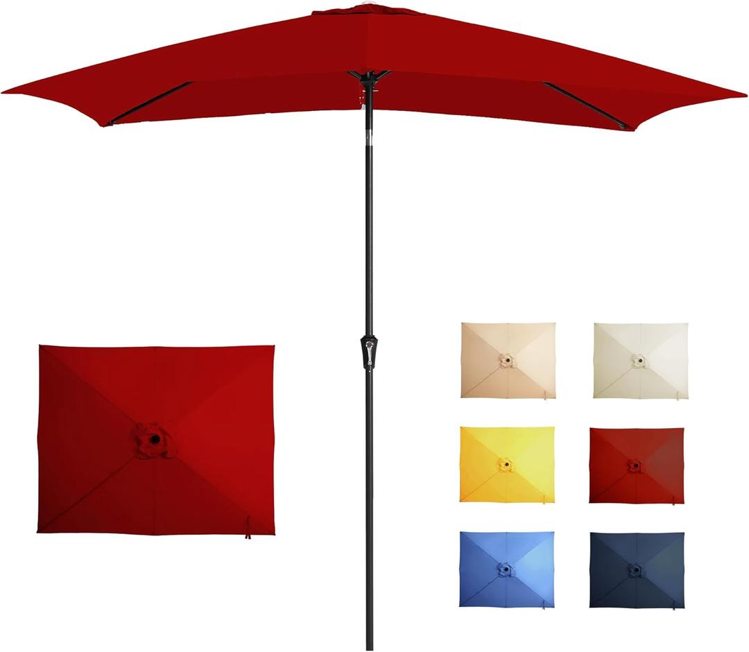 6.5x10FT Rectangular Patio Umbrella with Push Button Tilt & Crank Lift for Garden, UV Protection Outdoor Umbrella for Deck, Pool and Yard, Red
