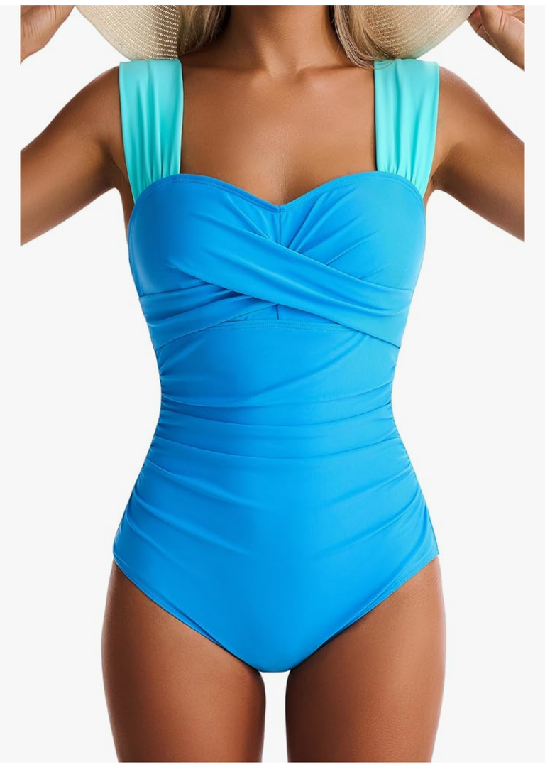 Womens One Piece Swimsuits Tummy Control Bathing Suits Modest Full Coverage Swimsuit Wide Straps Swimwear (M, Blue)