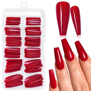 AddFavor Long Coffin Press on Nails Red Fake Nails, 120pcs Full Cover Nails Press ons Artificial False Nail Tips 12 Size Glue on Nails for Women Girls