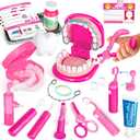 ULOVEME Kids Dentist Play Set Pink with Braces /Removable Teeth /Retainer - Doctor Kit for Toddlers 3-5 - Educational Toys for 4+ Year Old Girls - Pretend Play Toy for Ages 5-7 (Fushia)