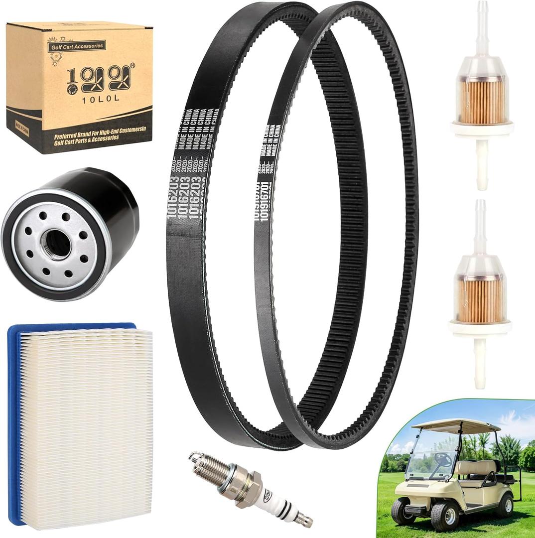 10L0L Golf Cart DS Tune Up Kit W/Clutch Drive & Generator Belt for Club Car DS Gas 1992-2004 Golf Cart with FE290, FE350 Kawasaki, Air & Oil Fuel Filters Spark Plug, Replaces OEM 1025582, 101916701