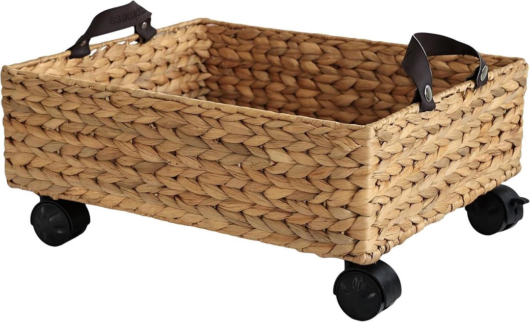 happimess BSK2014A Adaline 18.11" Classic Farmhouse Handwoven Hyacinth Rectangular Underbed Storage Bin with Wheels and Handles for Storage and Decoration in Bathroom, Bedroom, Entryway, Natural