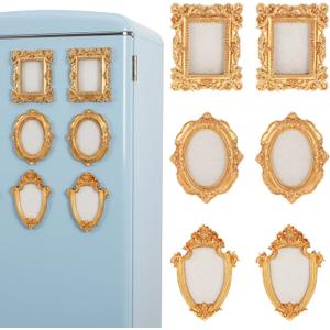 6pcs Magnetic Picture Frames for Refrigerator,Mini Gold Frames Vintage Frame,Wall Hanging Oval Rectangle Baroque Resin Photo Frame for Photos Painting DIY Stuck on Fridge