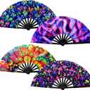 BBTO 4 Pcs Clap Fans for Line Dancing UV Glow Large Folding Hand Rave Fan Men Women Chinese Japanese Bamboo Clack Hand Fan for EDM Music Festival Club Party Dance Gift, 4 Styles, 25" (Fresh)