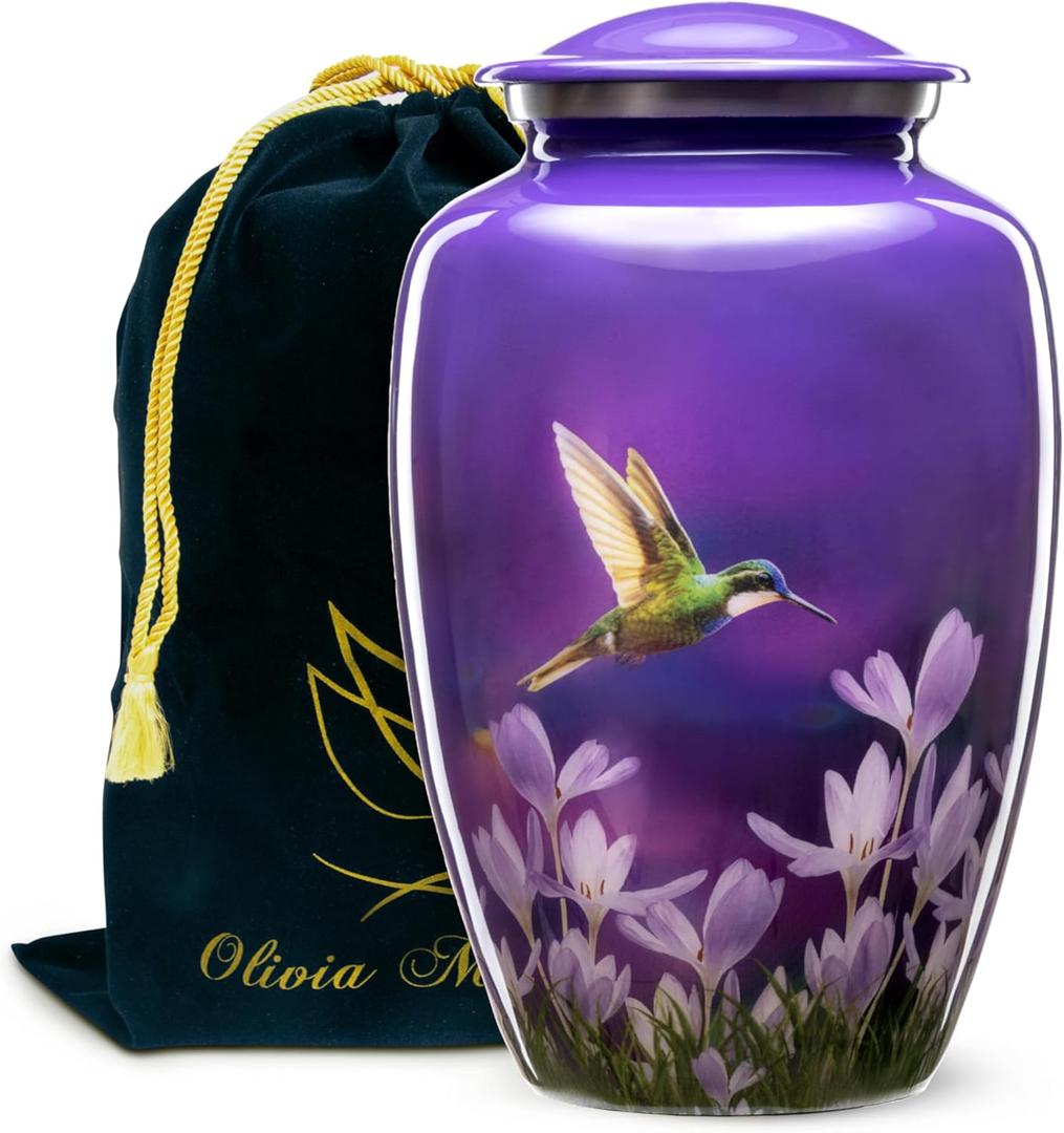 Olivia Memorials Urn for Ashes Women Men Adult | Hummingbird Urns for Female Male | Free Pendant Necklace | Human Funeral Decorative Purple Urna for Mom Dad Pet Dog