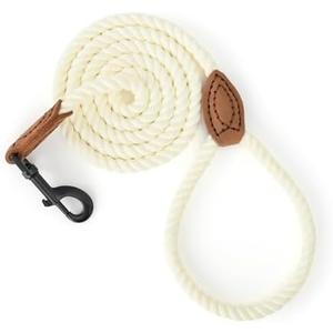 Mile High Life Dog Leash, Braided Cotton Rope Leashes with Leather Tailor Tip with Leather Tip - Heavy Duty Metal Clasp, 5FT, 1/2" Thick - Wedding, Walking Leash for Medium Large Dogs(Cream White)