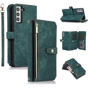 UEEBAI Case for Samsung Galaxy S22 Plus 5G, 9 Card Slots Retro Leather Wallet Shockproof Flip Cover with Hand Strap Card Slots Zipper Pocket Kickstand Handbag Magnetic Closure - Retro Green