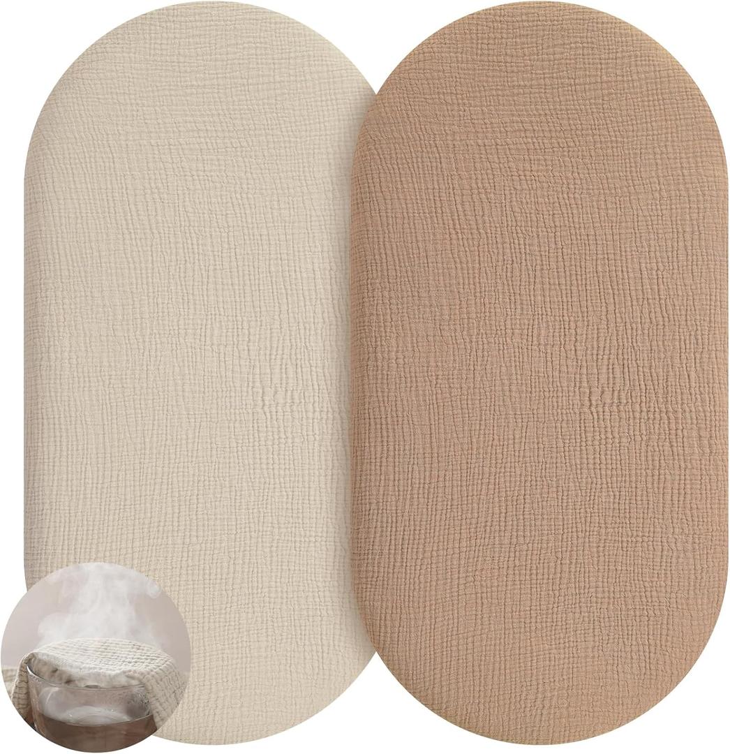 Muslin Bassinet Sheets Boy Girl, 100% Cotton Fitted Bassinet Sheet Set 2 Pack Bassinet Mattress Sheets Universal Fit for Rectangle, Round, Oval, Hourglass Mattress, Soft Breathable (Beige & Brown)