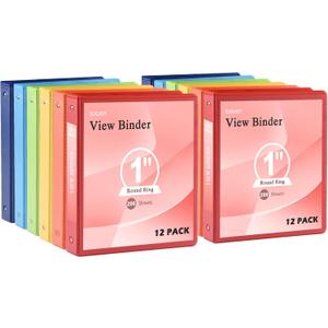 3-Ring Binder, 1 Inch Round Ring, Clear View Cover with 2 Inside Pockets, Assorted Colors, Holds 8.5 x 11 Inch Paper, 12 Count