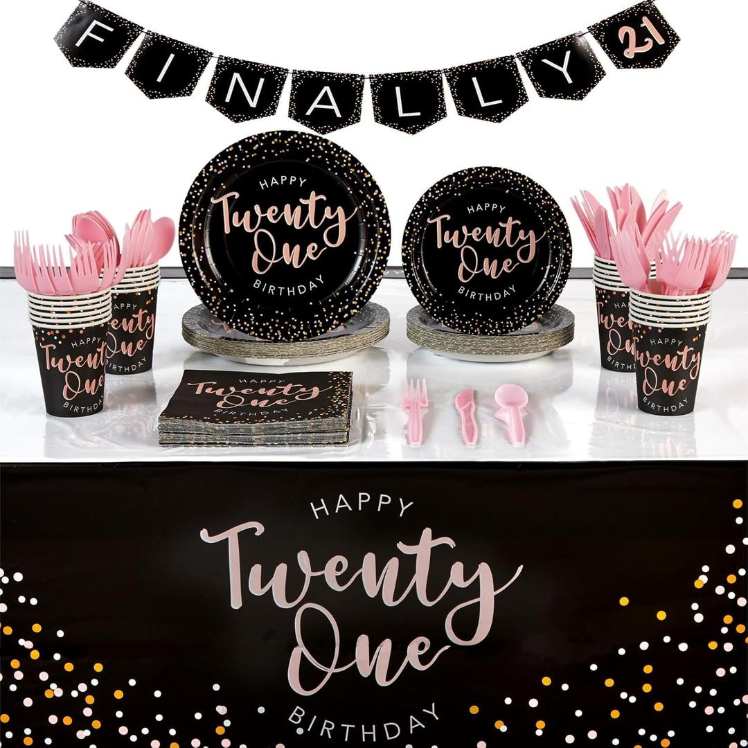 Sparkle and Bash 21st Birthday Decorations for Her & Party Supplies Kit - 170-Piece Paper Plates Set, Napkins, Cups & Utensils for 24 - Black & Rose Gold - Tablecloth & Finally 21 Banner