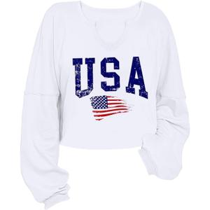 Women's USA Flag Sweatshirts Long Sleeve Crop Graphic Sweatshirts Cute V Neck Shirts Tops(White1,XL) (White, XL)