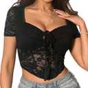 OYOANGLE Women's Floral Lace Sheer Short Sleeve Corset Crop Top Sweetheart Neck Tie Front Fitted Tshirts (Black, S)