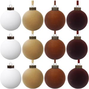 12 Pcs Velvet Christmas Balls Bulk Shatterproof Plastic Christmas Tree Decorations for Decorative Hanging Baubles (12, WhiteKhakiBrownCoffee, 3.94Inch)