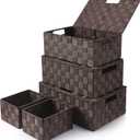 Storage Bins Baskets for Organizing with Lids, Storage Baskets for Shelves Stackable Woven Basket, Gift Small Basket Storage Cubes, Decorative Wicker Basket with Built-in Handles (5 Pack, Brown)