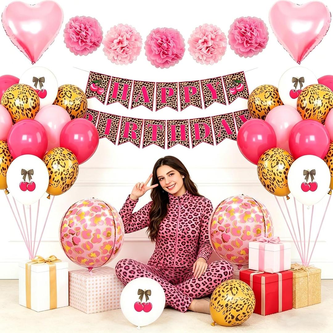 Pink Cheetah Print Birthday Decorations Leopard Foil Cherry Print Balloons Happy Birthday Banner with Heart Balloons for Women Baby Shower Safari Wild Birthday Theme Party Supplies