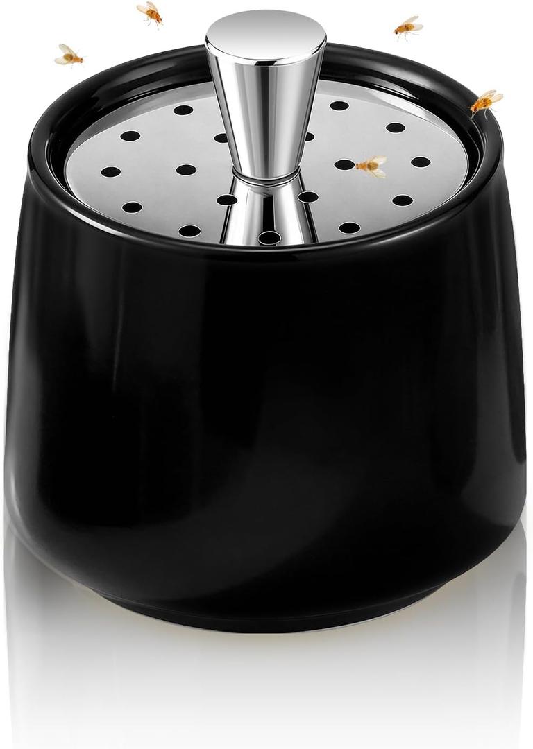 Ceramic Fruit Fly Trap for Indoors, Reusable Kitchen Fly Catcher with Stainless Steel Vent Lid, Uses Safe & Natural Vinegar Bait Trap, Dishwasher Safe, Easy to Use(Black,1 Pack)