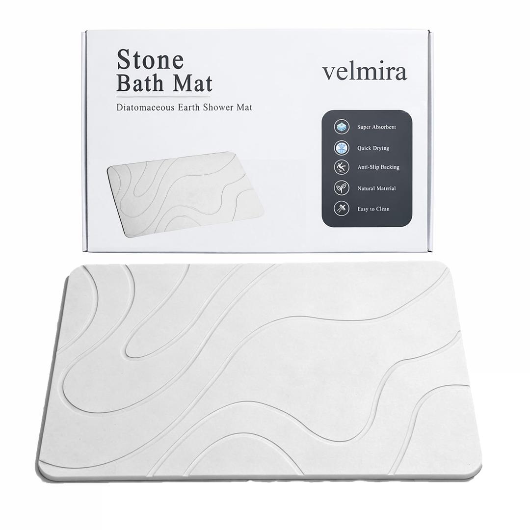 velmira Stone Bath Mat, Quick Dry Shower Mat, Diatomaceous Earth Shower Mat, Non-Slip Hard Surface, Ultra Absorbent Bathroom Floor Mat for Tub, Entry, or Sink 23.5" x 15.4", Gray White(Wave)