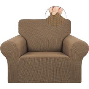 KEKUOU Stretch Single Sofa Slipcover 1 Piece Couch Sofa Cover (31"-55") Furniture Protector 1 Seater Sofa with Elastic Bottom for Kids,Pet.Jacquard Small Checked Pattern Fabric (Small,Camel)