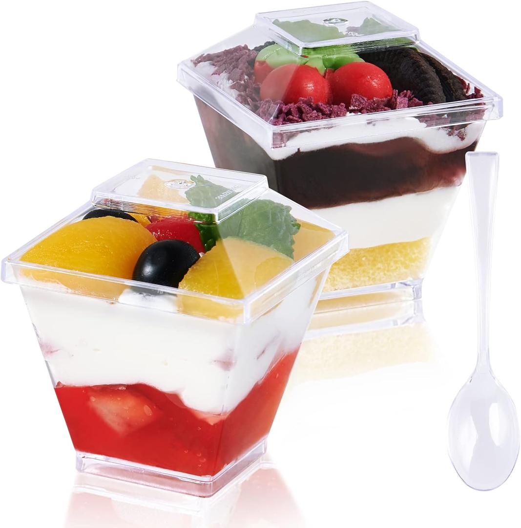JOLLY CHEF 100 Pack 2 oz Mini Dessert Cups with Spoons and Lids, Square Tall Clear Plastic Parfait Appetizer Cup Small Serving Bowl for Party Desserts Appetizers