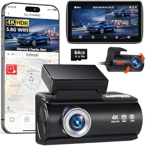 Faninso Dash Cam Front and Rear, 4K Full HD Dual Dash Camera for Cars, Built-in Memory Card Monitoring, 64GB Card, 5G WiFi GPS, Car Camera with 3" IPS Screen, 2160P Night Vision, 24H Parking Monitor : Electronics