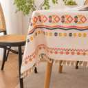 Waterproof Bohemian Tablecloth, 8 Foot Rectangle Fabric Orange Colorful Table Cloth with Soft Cotton Tassels, Farmhouse Vintage Dining Table Cover for Indoor Outdoor Use