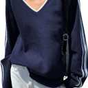 MakeMeChic Women's Striped V Neck Sweater Long Sleeve Knit Winter Pullover Tops (Blue, L)
