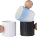 2 x Ceramic Espresso Cups Set of 2, 2 oz Mini Espresso Cups, Round Wooden Handle Stripes Demitasse Cups for Tea or Coffee (2, Black)