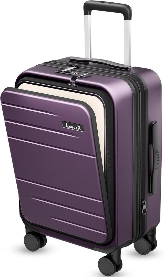 LUGGEX Carry On Luggage 22x14x9 Airline Approved, FLO5 Expandable Polycarbonate Suitcase with Front Pocket (FX-Core, Purple, 20 Inch), 20 Inch-EXT