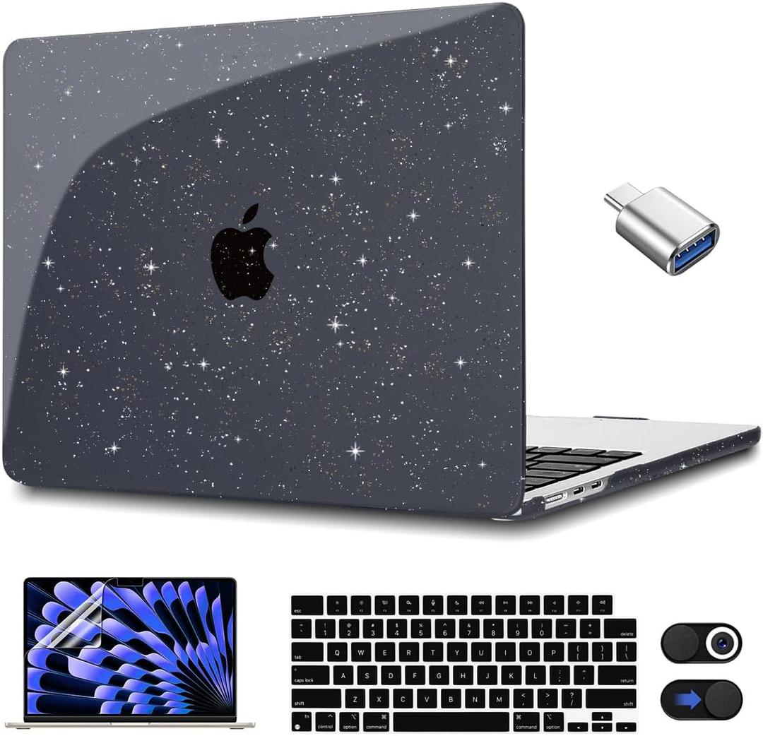 CISSOOK Sparkly Black Star Case for MacBook Air 15 Inch 2025 2024 2023 Model A3241 A3114 A2941, Plastic Glitter Bling Hard Shell Case with Keyboard Cover Screen Protector for MacBook Air 15 M2 M3 M4