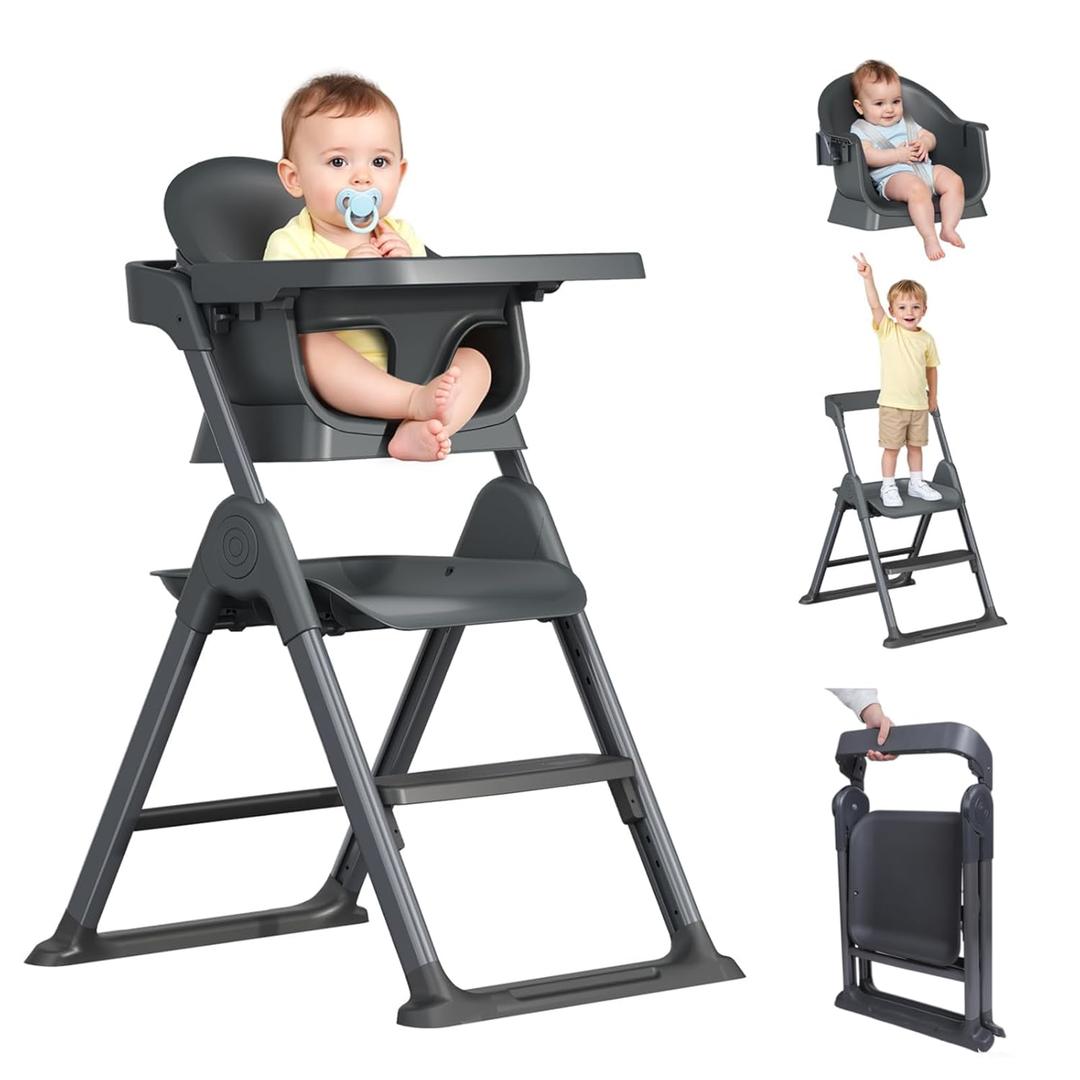 6 in 1 Convertible Baby HighChairs & Step Stool, Foldable High Chairs for Babies and Toddlers, Portable Booster Seat for Dining, Folding Toddler Tower for Kitchen (Dark Gray)