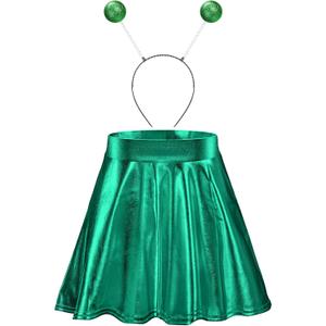 Sintege Halloween Alien Headband and Metallic Flared Pleated Skater Skirt for Costumes Supplies (X-Large Skirt, Green)