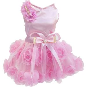 Dog Dress Luxury Puppy Skirt Clothes Princess Dresses Wedding Evening Tutu Skirt Rose Flower Bowknot Dresses for Small Dog Girl M Pink