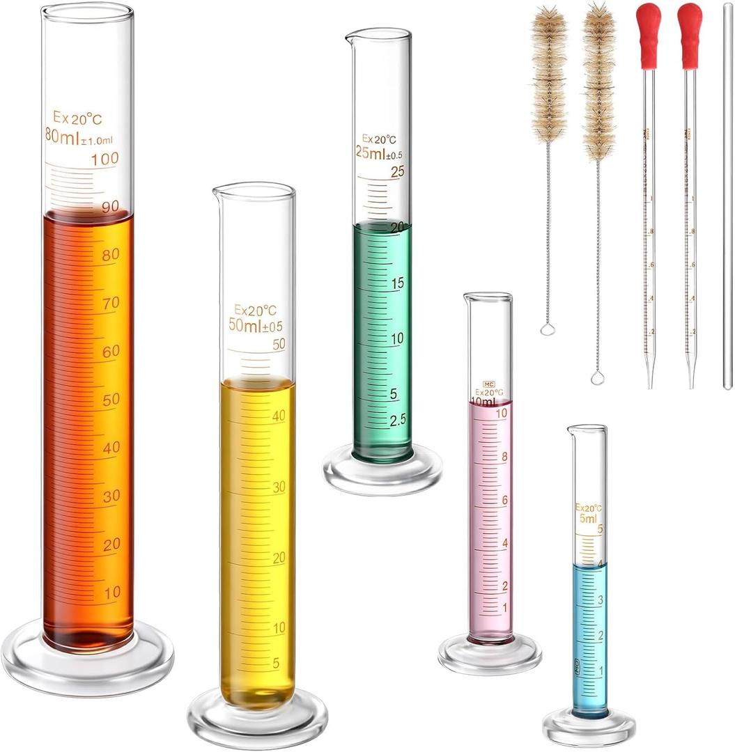 Jetec 10 Pcs Thick Glass Graduated Measuring Cylinder Set 5ml 10ml 25ml 50ml 100ml Glass Graduated Measuring Cylinder with 2 Brushes, 2 Droppers and 1 Stirring Rod