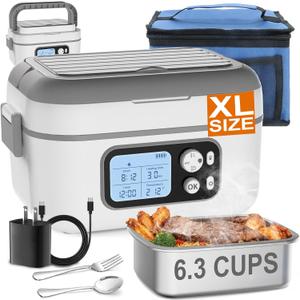 6.3-Cup Cordless Electric Lunch Box for Adults, 24000mAh Heated Lunch Box For Men Battery Powered with Automatic Heating, 100W Self-Heating Portable Food Warmer for Hot Meals Anywhere, White