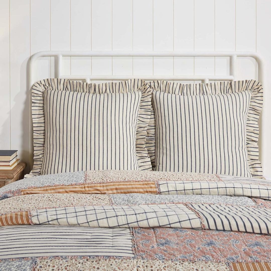 VHC Brands Kaila Vintage Farmhouse Bedroom Decor, Fabric Blue Stripe Euro Sham 26x26